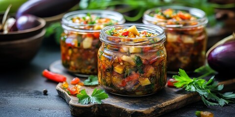 Poster - Vegetable eggplant caviar presented in glass jars, beautifully arranged on a dark wooden table, showcasing the rich texture and vibrant colors of the eggplant caviar and vegetables.