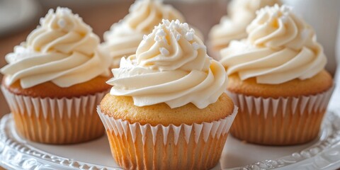 Leinwandbilder - Indulge in delicious cream cupcakes topped with rich icing and sugar. These delightful cream cupcakes offer a sweet treat, perfect for any celebration or casual dessert experience with rich icing.