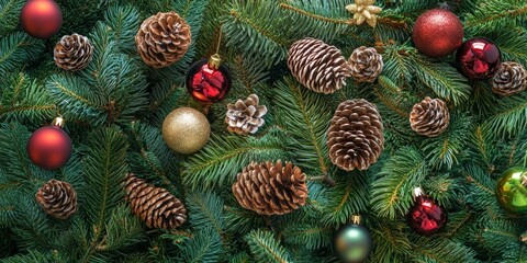 Poster - Close up of a green pine tree adorned with festive Christmas ornaments, showcasing the beauty of the green pine tree and its vibrant decorations for the holiday season.