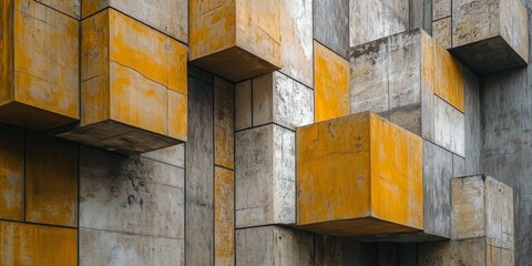 Poster - The structure features an arrangement of yellow brown and light gray slabs, showcasing layered walls crafted from distinct slabs, highlighting the unique design of these slabs.