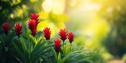 Aufkleber - Vibrant red flowers create a stunning contrast against lush green foliage, making the red flowers a captivating focal point in nature s beautiful landscape.