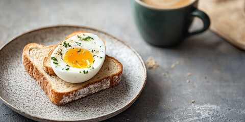 Poster - Toaster bread topped with a half boiled egg is beautifully presented on a plate alongside a cup of coffee. This toaster bread creation adds a cozy touch to any setting with ample copy space.