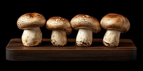 Poster - Fresh brown champignons arranged on a wooden board, contrasted against a black background, showcasing the rich color and texture of brown champignons in a visually appealing way.
