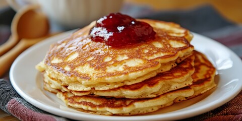 Poster - Delicious homemade cottage cheese pancakes served with jam for breakfast, showcasing the perfect blend of flavors. These homemade cottage cheese pancakes are ideal for a delightful morning meal.