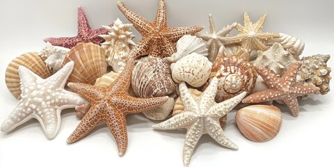 Poster - Variety of starfish and seashells in an assortment, showcasing the beauty and diversity of starfish alongside unique seashells. Explore this delightful assortment of starfish and seashells.
