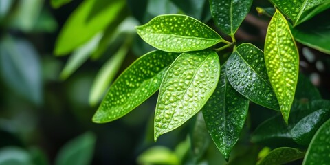 Aufkleber - Soursop leaf thriving in a lush garden setting, showcasing the vibrant green hues of the soursop leaf and its natural beauty, perfect for those interested in gardening and plant life.