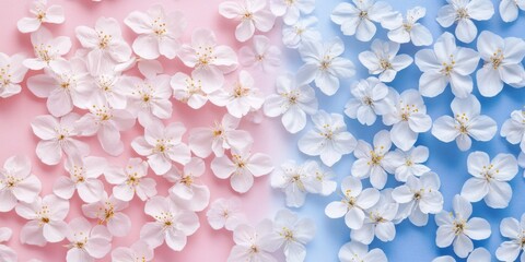 Poster - Pink and blue background adorned with white flowers creates a stunning visual. This pink blue background featuring white flowers brings a fresh and vibrant feel to any design.
