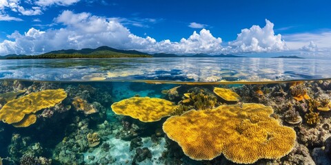 Poster - The sea water near the seaside reefs beautifully mirrors the yellow reefs along with the vibrant blue sky, creating a stunning visual of the yellow reefs against a tranquil backdrop.