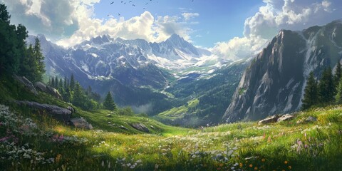Aufkleber - Scenic mountain landscape showcasing the natural beauty of mountainous regions, featuring stunning views, vibrant greenery, and serene surroundings that highlight the essence of a mountain landscape.