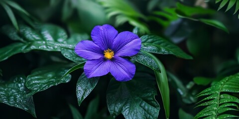 Poster - A vibrant purple flower featuring a yellow center blooms amidst lush green leaves in a captivating natural setting. This purple flower showcases its beauty in harmony with the surrounding greenery.