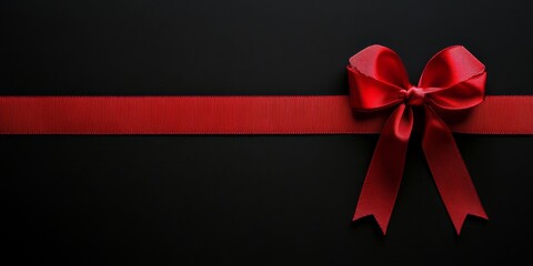 Poster - Festive red ribbon and bow displayed on a black background create an elegant atmosphere. This red ribbon and bow combination offers a perfect festive touch with ample copy space.