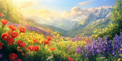 Poster - Vibrant red, purple, and yellow flowers bloom beautifully, creating an amazing scene surrounded by lush green nature, under a bright sun and open sky, making this flower filled landscape truly