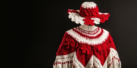 Leinwandbilder - Beautiful handmade crocheted poncho and hat in striking red and white, displayed elegantly against a black background, showcasing the intricate craftsmanship of this unique handmade poncho and hat.