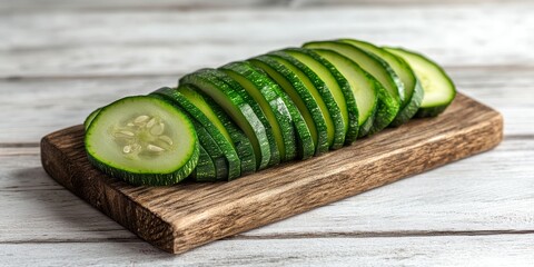Aufkleber - Closeup view of freshly sliced courgette on a wooden board, showcasing the vibrant greens of courgette against a clean white background, perfect for culinary and food related themes.