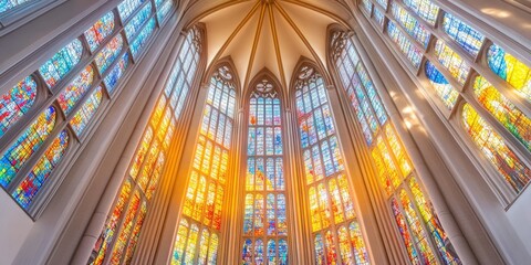 Poster - Bright interior featuring stained glass windows and large windows, offering a captivating view from below of the church s stunning architectural details. The stained glass windows add vibrancy.