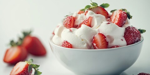 Poster - Unidentified individual enjoying dessert featuring strawberries and cream on a clean white backdrop, highlighting the delightful presentation of strawberries and cream in the dish.