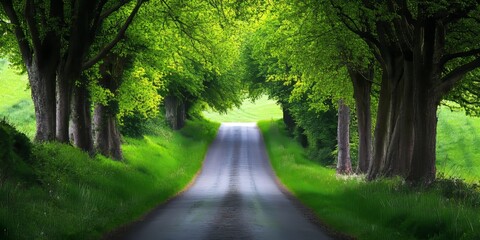 Poster - Narrow road surrounded by lush green trees and vibrant green grass creates a serene spring landscape, perfect for enjoying nature s beauty along this peaceful narrow road.
