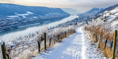 Poster - Scenic winter trail above the Rhine valley offers breathtaking views, inviting adventurers to explore the stunning landscape along this winter trail in all its natural beauty.