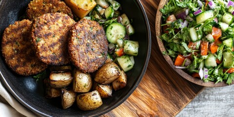 Poster - Lentil cutlet featuring mushrooms is artfully presented alongside a refreshing cucumber salad and hearty potatoes, showcasing the delightful flavors of lentil cutlet in every bite.