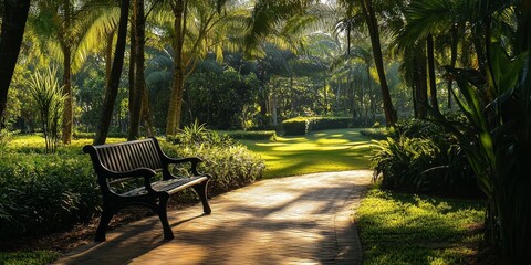 Poster - Benches surrounded by lush greenery create a serene atmosphere, perfect for relaxing and enjoying the beauty of nature. Experience the tranquility of benches in the heart of nature.