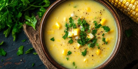 Poster - Top view of delicious corn soup presented in a ceramic bowl, showcasing the vibrant colors and texture of the corn soup, perfect for food photography focusing on corn soup.