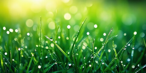 Poster - Lush green grass adorned with sparkling drops of dew creates a refreshing scene. The green grass glistens in the light, showcasing the beauty of nature s delicate dewdrops on green grass.