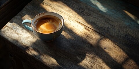 Aufkleber - Still life composition featuring a cup of coffee placed on a wooden table, highlighting the rich textures and warm ambiance of the scene with the cup of coffee as the focal point.