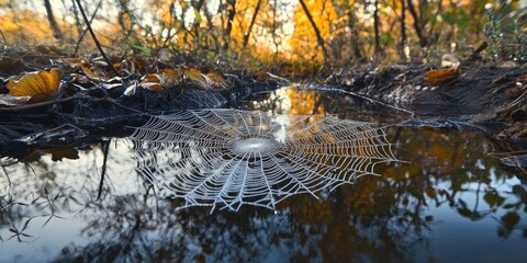 Leinwandbilder - A mesmerizing spider web captured in reflection showcases intricate details and delicate patterns of nature, drawing attention to the beauty of a spider web in its natural setting.