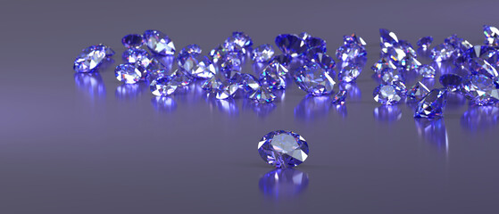 Poster - Amethyst purple diamonds group placed on glossy background 3d Rendering Soft Focus