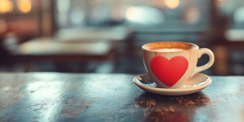 Poster - Vintage color tone showcasing a cup of coffee adorned with a red heart resting on a table in a cozy coffee shop ambiance, creating a charming atmosphere for coffee lovers.