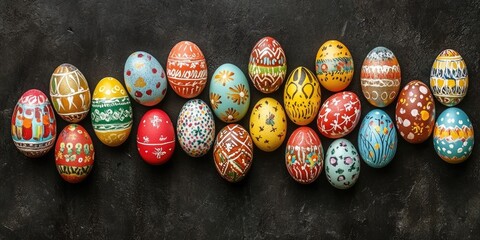 Poster - Easter eggs beautifully arranged in a flat lay on a rustic black background, showcasing the vibrant colors and artistic designs of the Easter eggs in an appealing composition.