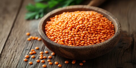 Poster - Red lentils displayed on a wooden table, showcasing the vibrant color and texture of red lentils, perfect for various culinary uses and health benefits of red lentils in meals.