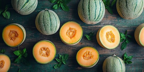 Poster - Delicious ripe melons are beautifully arranged on a wooden table in a flat lay. This composition of delicious melons offers a vibrant visual, perfect for showcasing fresh produce.