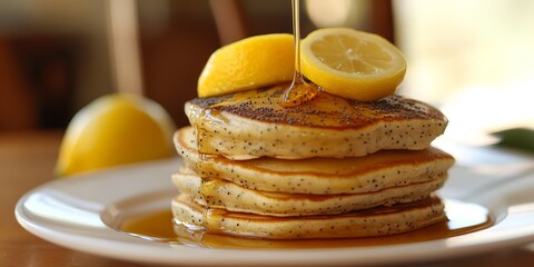 Poster - Delicious homemade pancakes featuring poppy seeds and lemon, drizzled with honey, create a delightful breakfast experience. These poppy seed lemon pancakes with honey are sure to please.