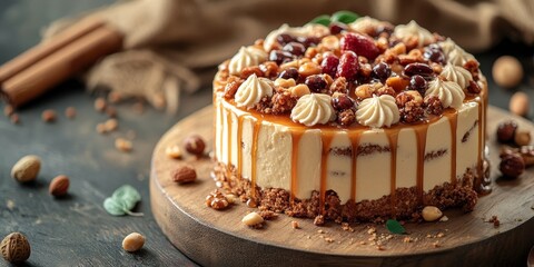 Poster - Delicious salted caramel and nuts cake displayed with selective focus. This tempting salted caramel and nuts cake makes for a perfect treat, with ample room for copy space to enhance your design.