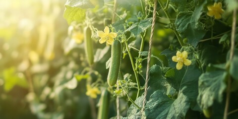 Poster - Green branches of cucumbers twist and turn along ropes on a trellis. The thriving cucumbers show delicate blossoms, creating a beautiful garden scene with a shallow depth of field.