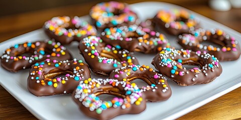 Aufkleber - Chocolate covered pretzels topped with carrot flavor are beautifully arranged on a white serving plate, perfect for adding a festive touch to your Easter table celebrations.