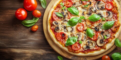 Poster - Delicious vegetarian pizza served on a wooden board creates an inviting scene. This tasty vegetarian pizza offers a closeup view of fresh ingredients and vibrant flavors for pizza lovers.