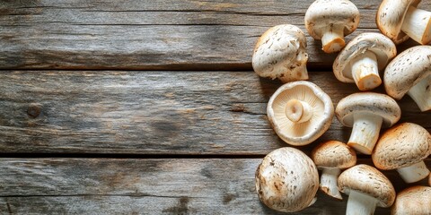 Poster - Champignon mushrooms displayed on a rustic wooden background, highlighting the natural beauty of champignon mushrooms and their culinary potential in various dishes.