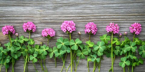Poster - Clover flowers arranged in a row, displaying their vibrant beauty against a rustic wooden background, capture the essence of nature with clover flowers accentuating the scene.
