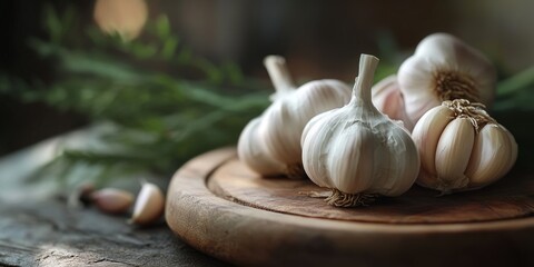 Poster - Close up of garlic displayed on a wooden plate amidst a rustic background, featuring shallow depth of field and selective focus to highlight the intricate details of garlic in macro photography.