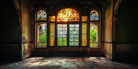 Poster - Beauty of decay is evident in this vintage stained glass window, showcasing the allure of decay within an abandoned villa s shadowy interior. Explore the beauty of decay through this captivating