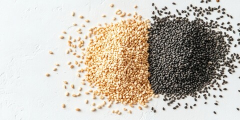 Poster - Organic natural Til Gul and sesame seeds displayed over a clean white background, showcasing the delightful textures and colors of Til Gul and sesame seeds for a vibrant and healthy look.