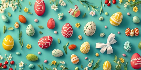 Poster - Easter concept beautifully illustrated from a top view, showcasing vibrant elements of Easter holidays, capturing the essence of this festive season in a creative display.