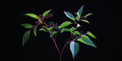 Poster - Black elderberry plant showcasing its vibrant features and unique characteristics. This black elderberry plant thrives in various conditions, making it a fascinating subject for botanical photography.