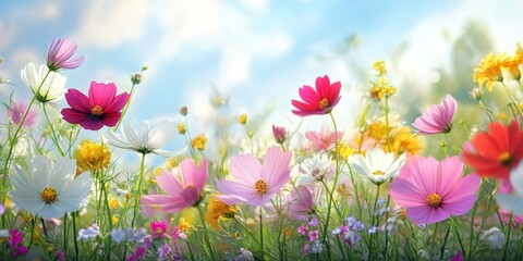 Poster - Stunning white, red, pink, misty, purple, and yellow flowers are blooming beautifully. These vibrant flowers create a picturesque scene amid lush greenery, an open sky, and radiant sunshine.