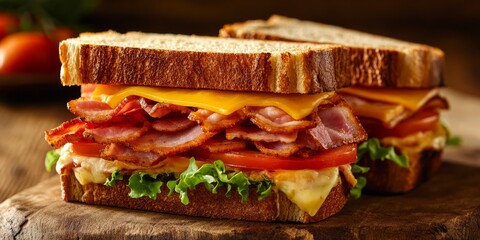 Poster - Tasty classic BLT sandwiches featuring ham, cheese, bacon, and tomatoes create a mouthwatering breakfast or fast food meal. Enjoy these delicious BLT sandwiches on a wooden backdrop with ample text