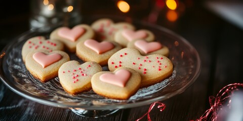 Poster - Heart shaped cookies arranged on a glass plate, showcasing the delightful and sweet appearance of these cookies, perfect for any occasion or celebration featuring heart cookies.