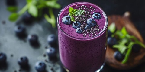 Poster - Refreshing blueberry smoothie displayed in a glass on a table. This blueberry smoothie is perfect for a vegetarian breakfast, aligning with diets and detox plans for a healthy lifestyle.
