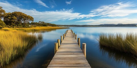 Poster - Scenic jetty in a coastal area, featuring a beautiful view. This jetty serves as a perfect spot for relaxation and enjoying the surrounding nature, making it an ideal location for photography.